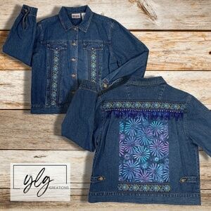 Boho Chic Denim Jacket Embellished Beaded Cowgirl Glam Watercolor Floral